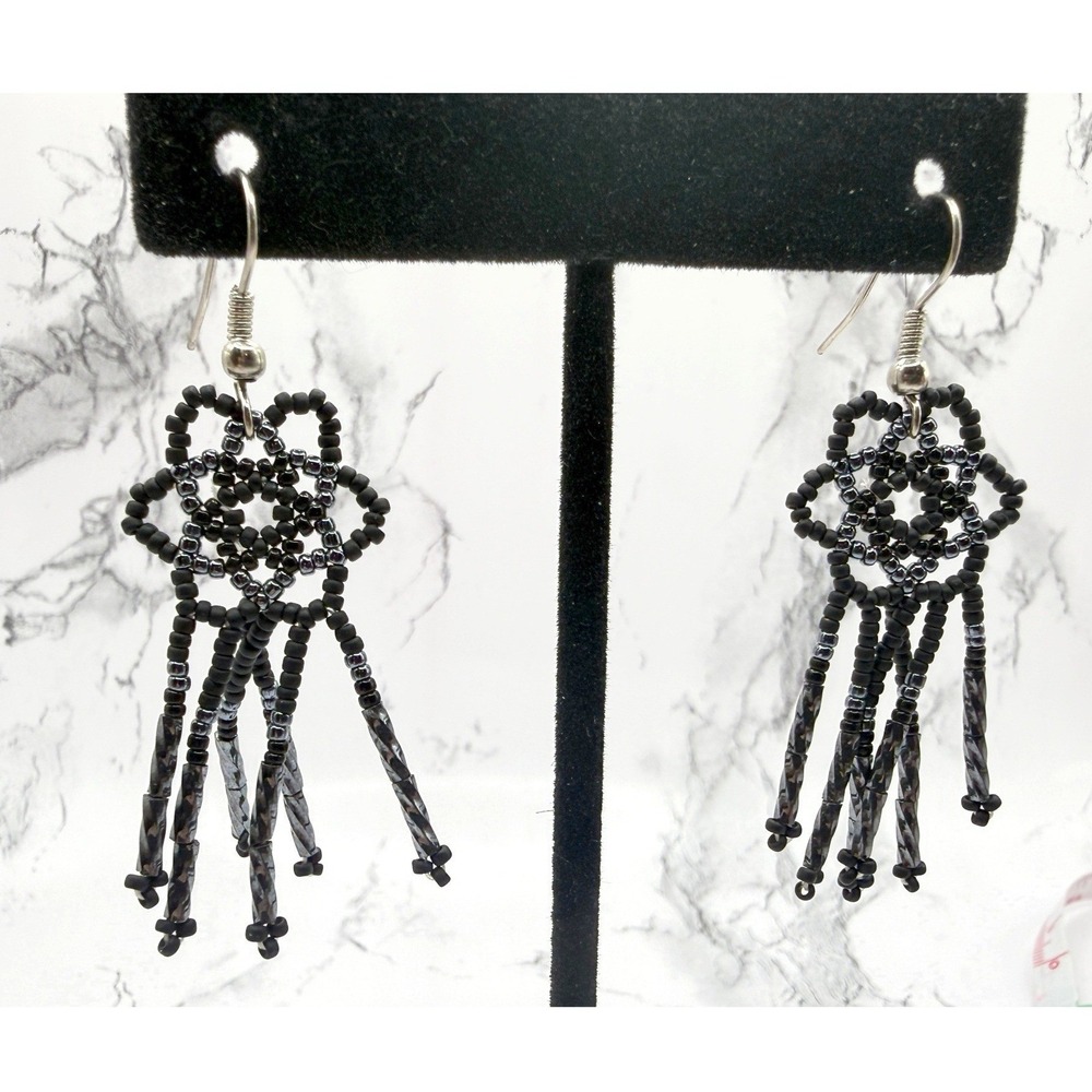 Black Beaded‎ Fringe Earrings Boho Dangle 2.25" Vintage